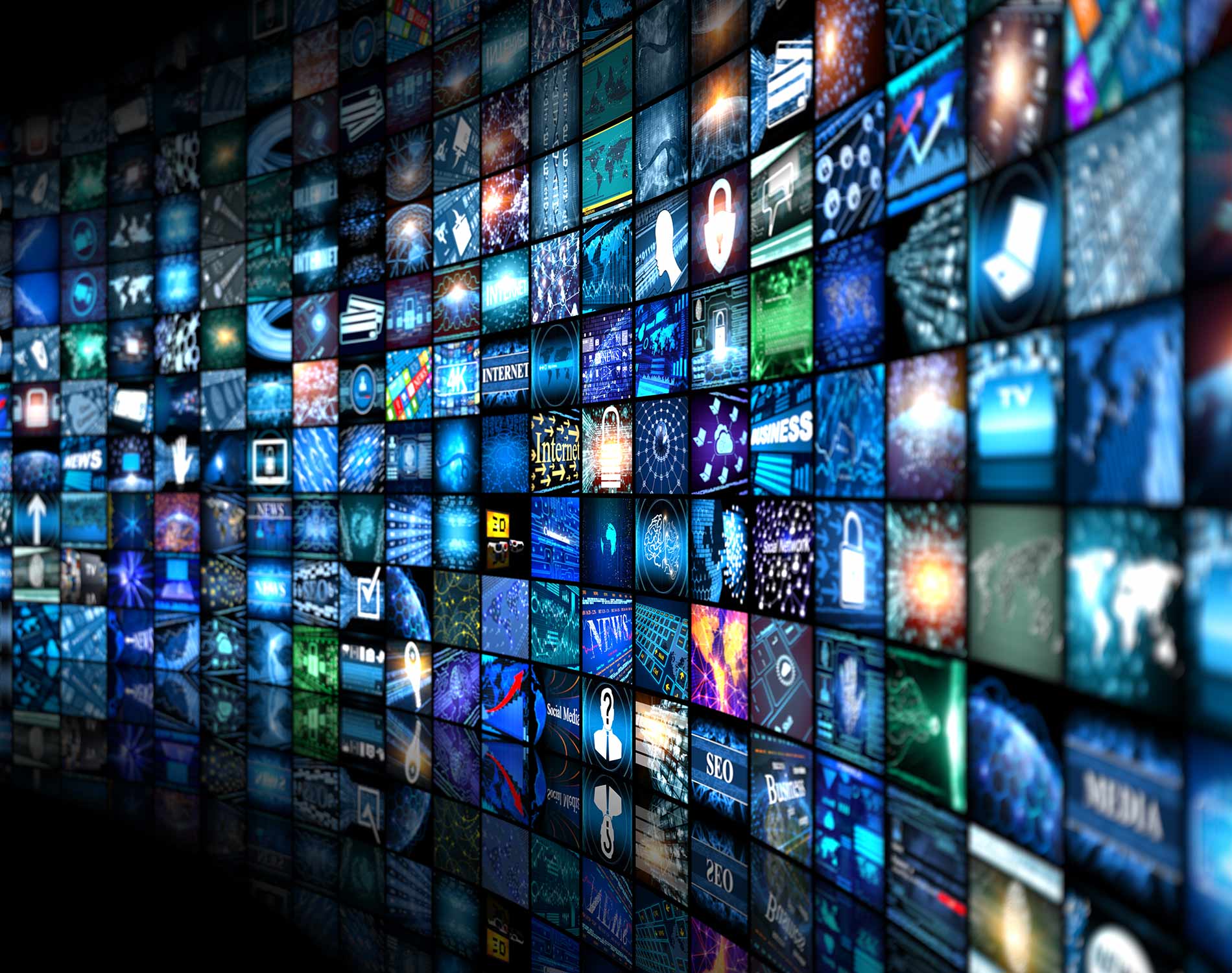 Digital Media concept Wall of screens smart TV