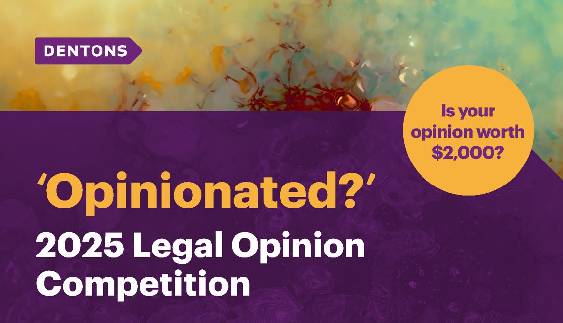 A poster advertising for a legal competition for students.  The text reads as "Is your opinion worth $2,000? 'Opinionated?' 2025 Legal Opinion Competition.